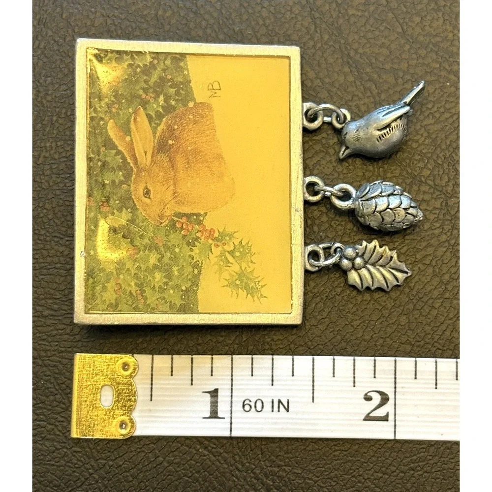 VTG Marjolein Bastin Bunny Brooch Pin Pewter Bird Holly Dangle Charms Spring